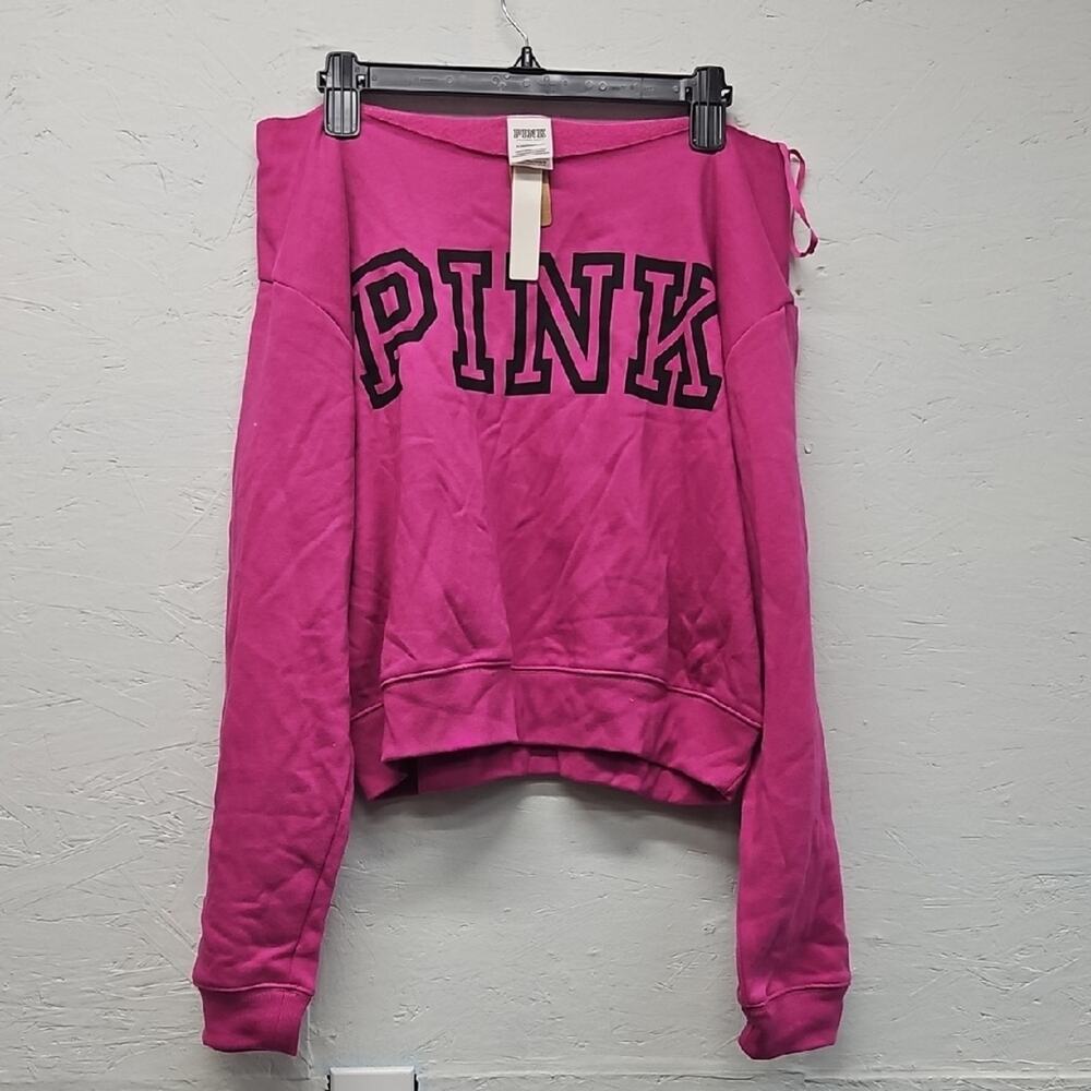 NWT Pink By VS Cropped Sweatshirt With Raw Cut Neckline & Shoulder Strap Size XL